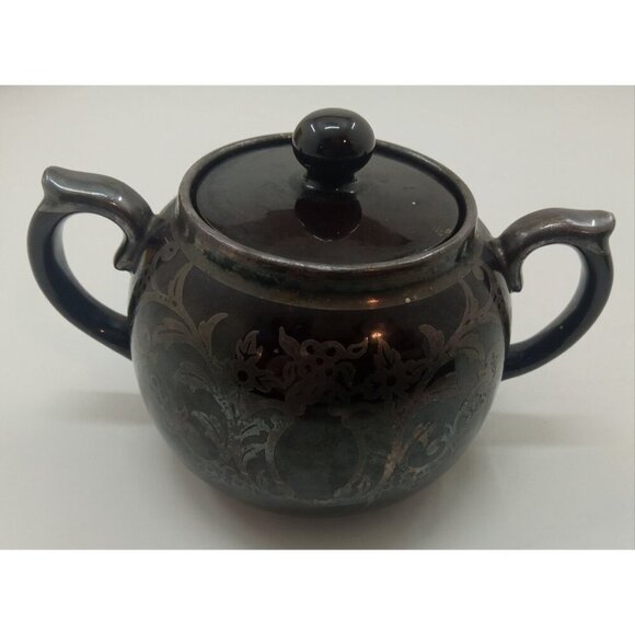 Gibson England Silver Overlay Redware Pottery Sugar Creamer Set Rustic Farm - Picture 3 of 9